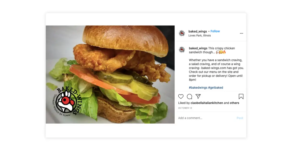 Baked Wings uses images of their food on Instagram to entice customers to order