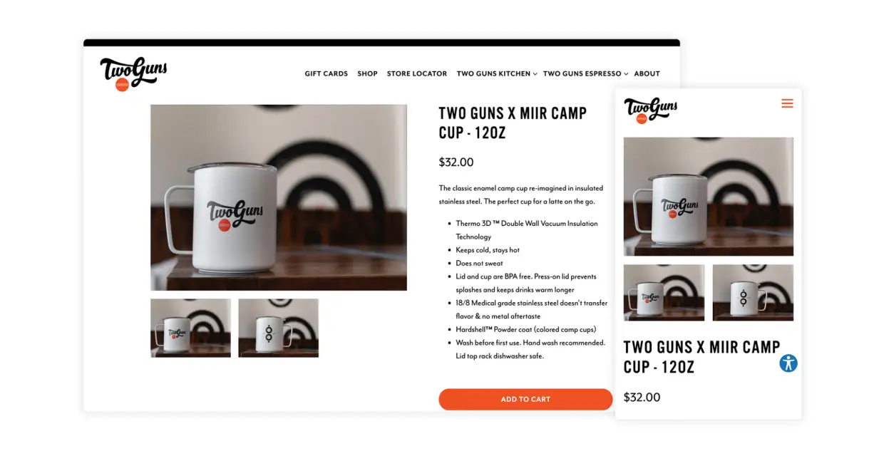 The website for Two Guns Espresso