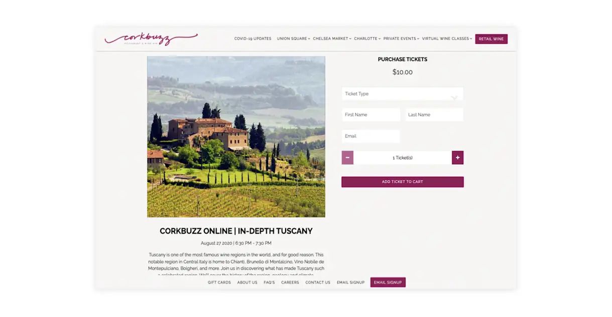 Corkbuzz promotes and sells tickets to virtual wine classes on their website.