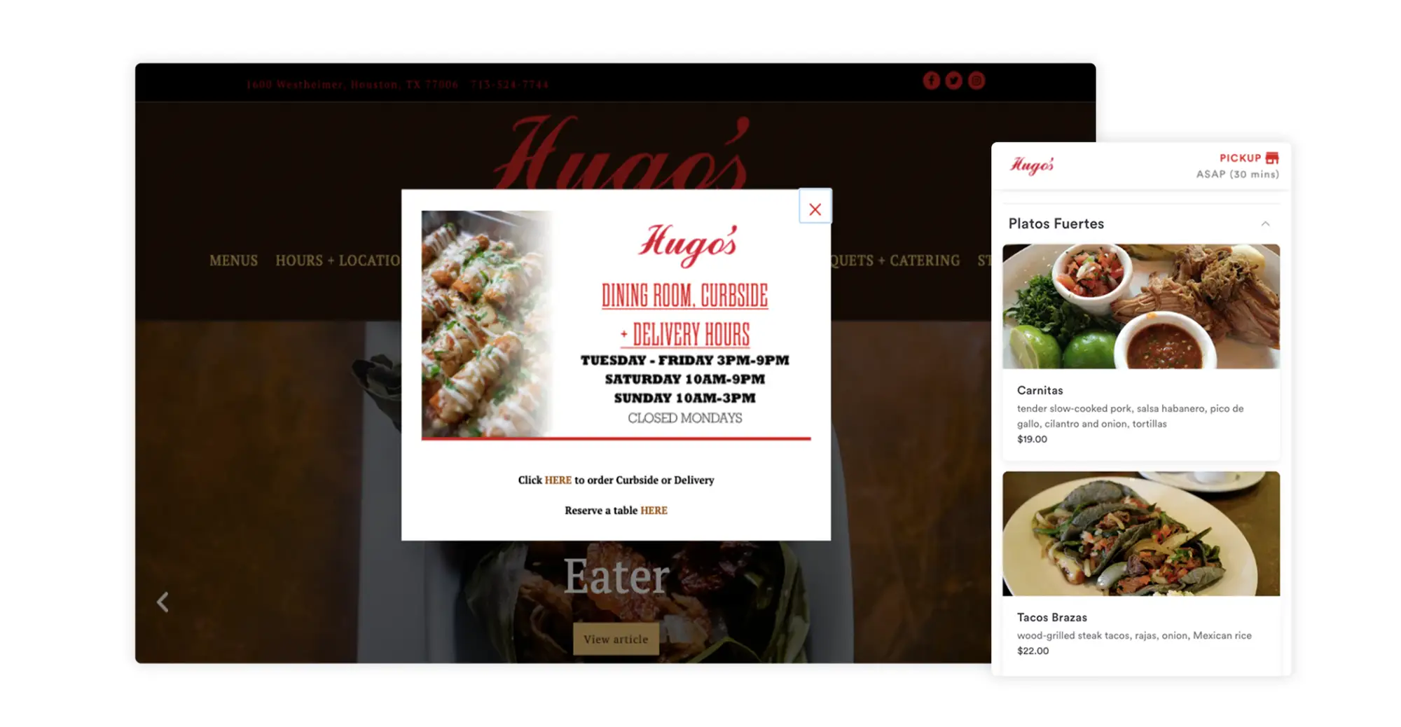 The website and online ordering for Hugo's Restaurant