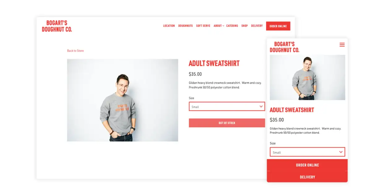 Bogart’s Doughnut Co. sells their sweatshirts directly on their website