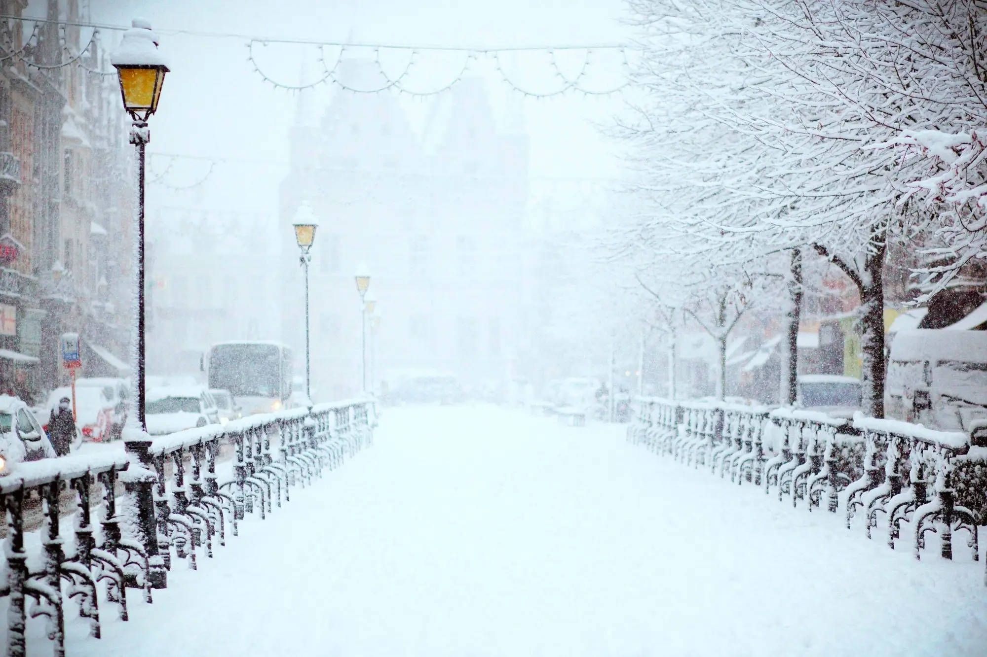 A snowy city street.