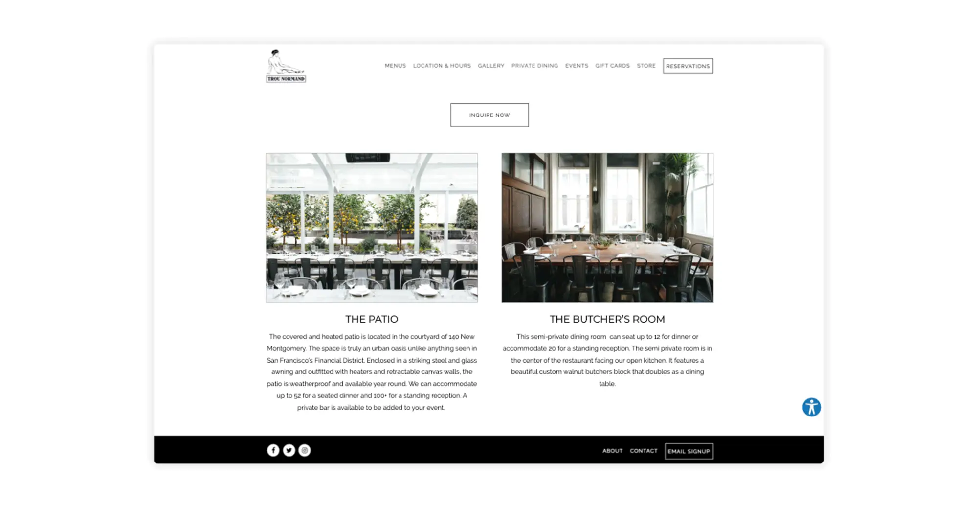 a screenshot of a private events page of a restaurant website.