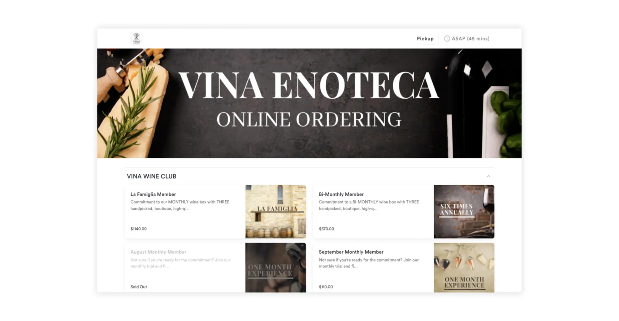 Vina Enoteca offers monthly membership packages via online ordering
