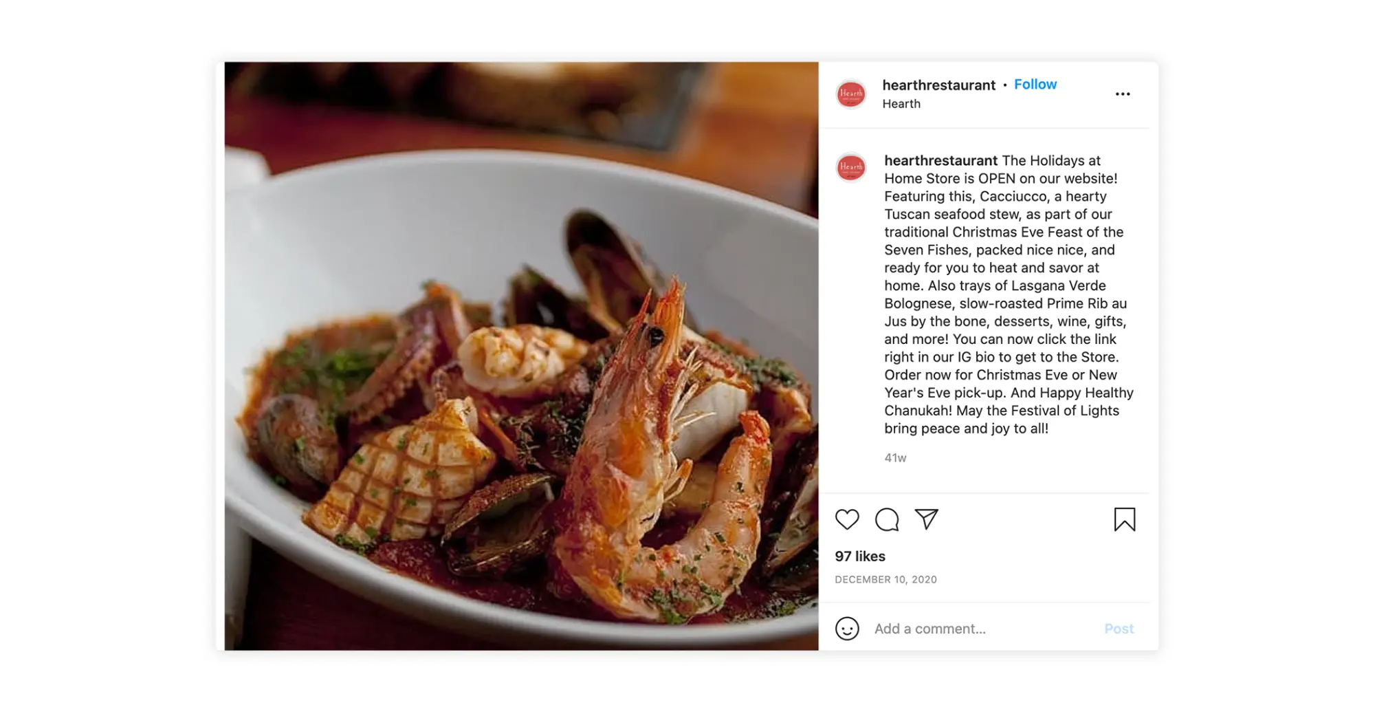 Hearth promoted its “feast of the seven fishes” holiday meal for pre-order on Instagram