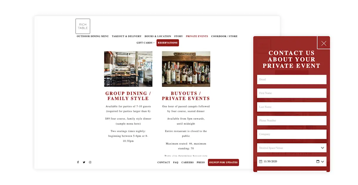 A screenshot of a restaurant website