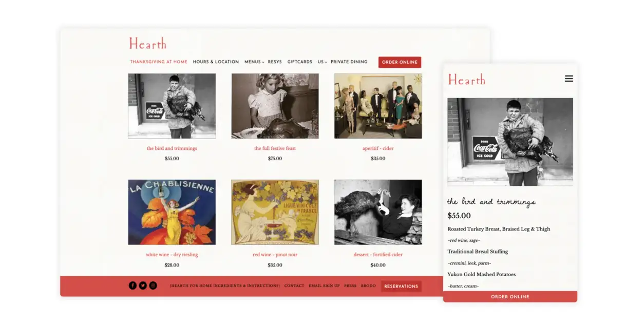The restaurant website for Hearth