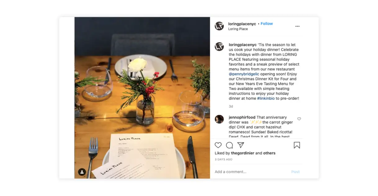 Loring Place promotes holiday specials via Instagram