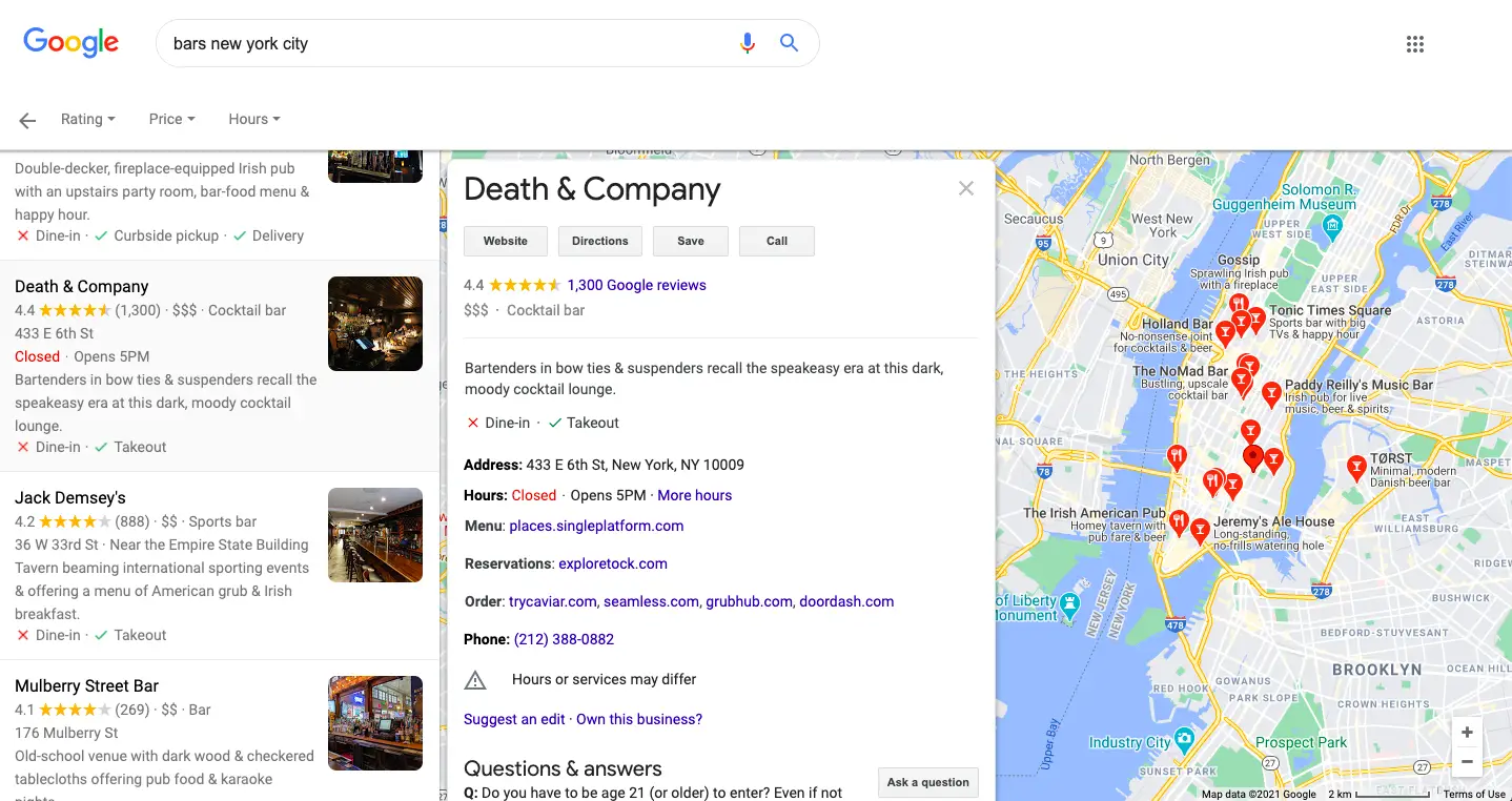 Search results for “bars new york city” and the Google My Business profile for Death & Company
