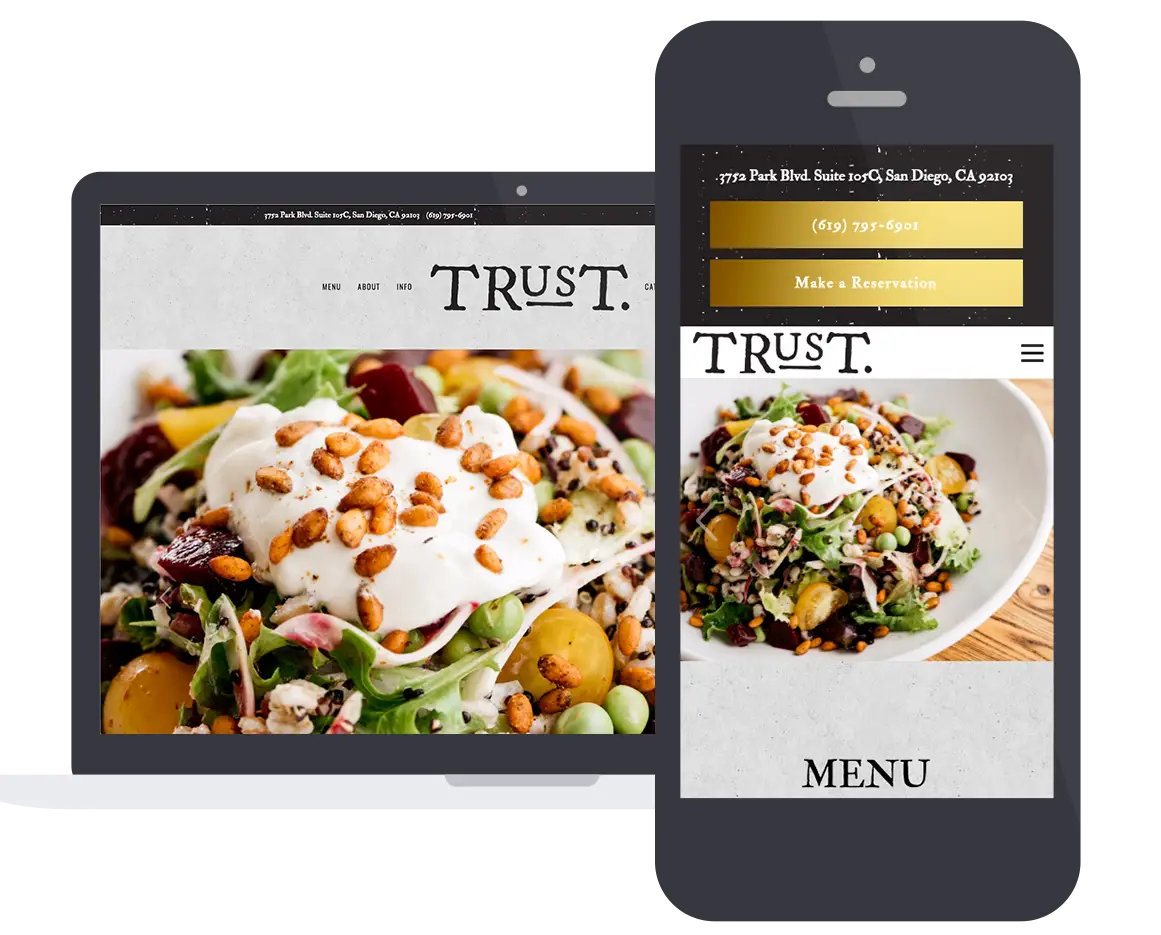 A screenshot of a restaurant website on a laptop and mobile phone. 