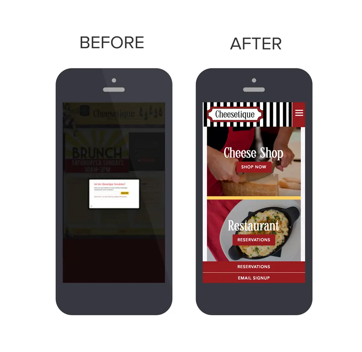 Before & After of Cheesetique's website in a mobile device