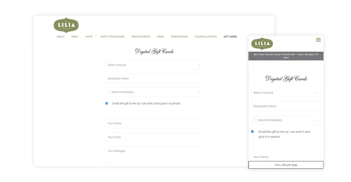 Lilia sells digital gift cards directly on their restaurant website