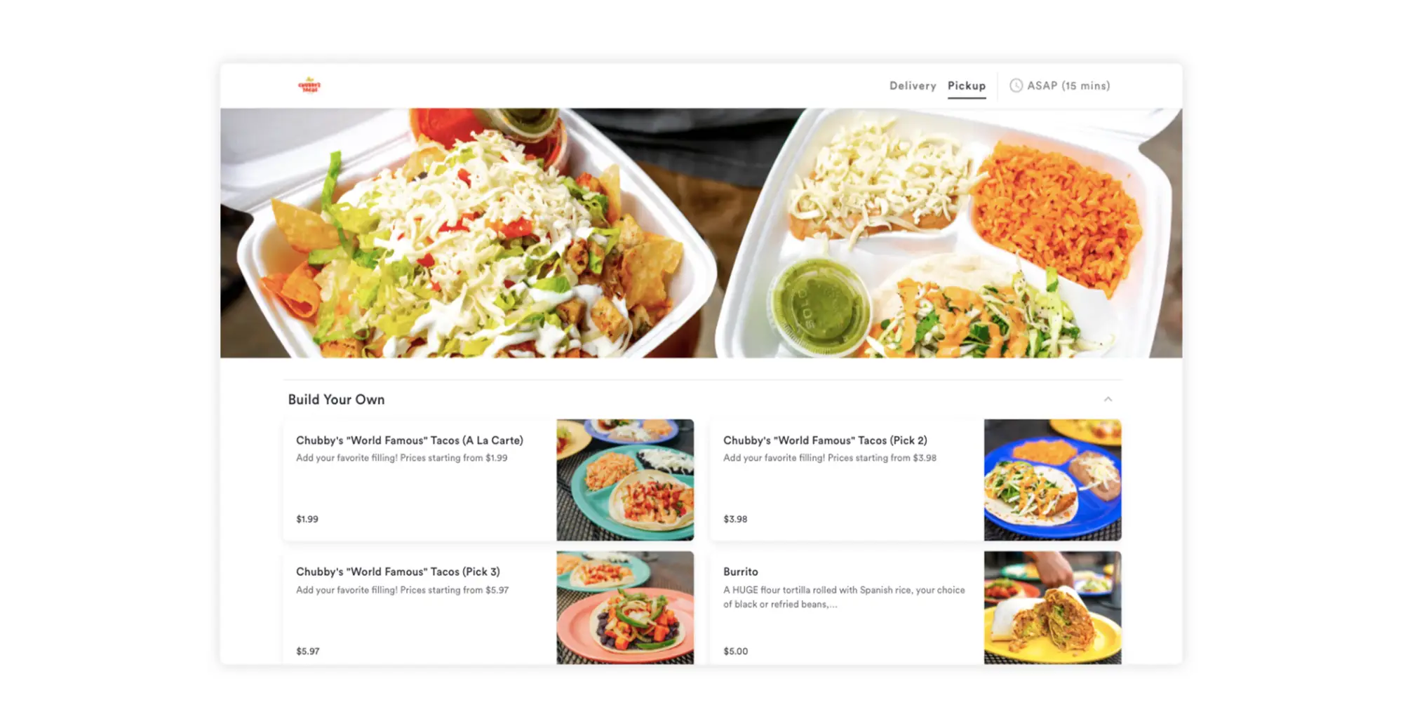 Chubby’s Tacos include images for each menu item