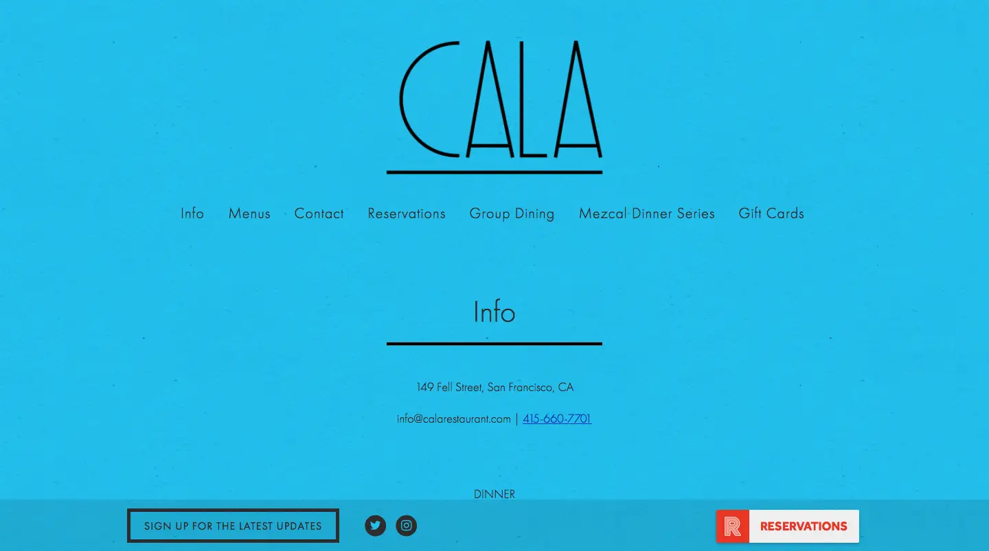 Cala's navigation bar neatly shows where to find info, reservations, and menus.