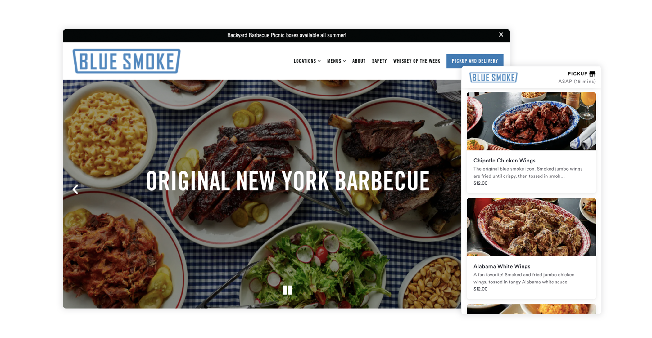A screenshot of the website for Blue Smoke