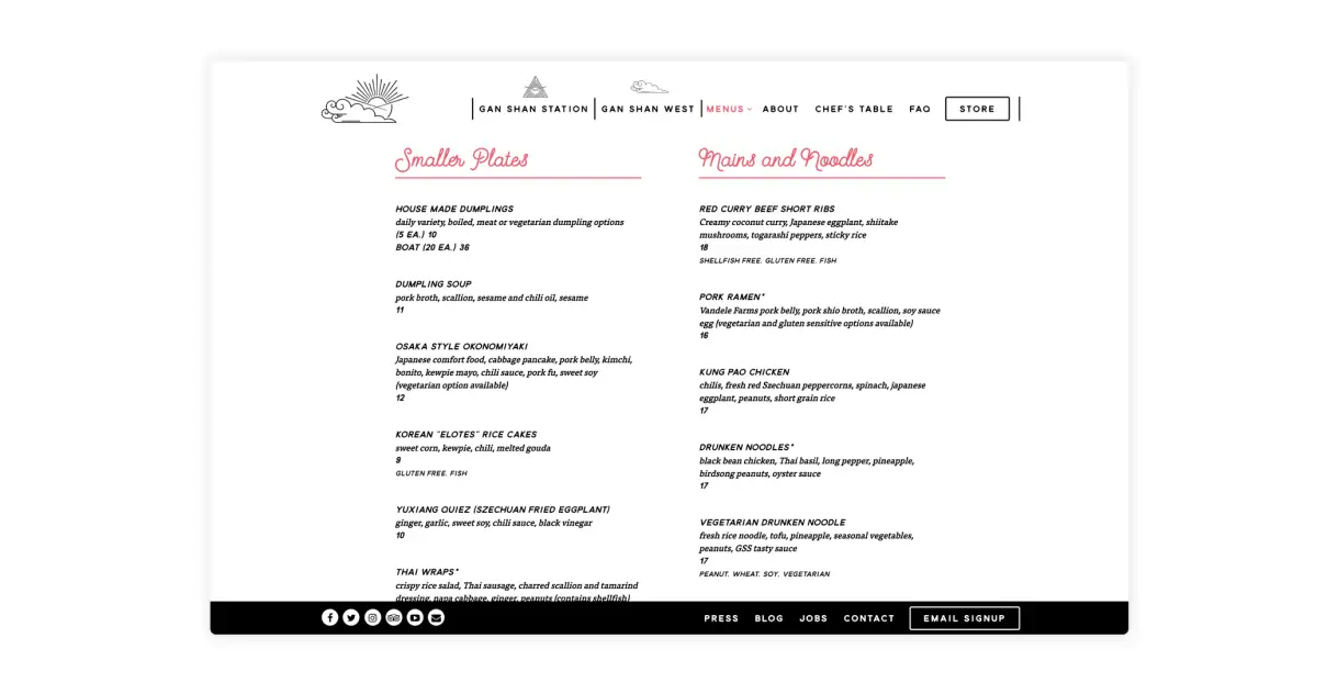A screenshot of a restaurant menu