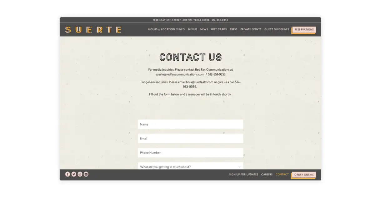 The contact page for Suerte in Austin, TX