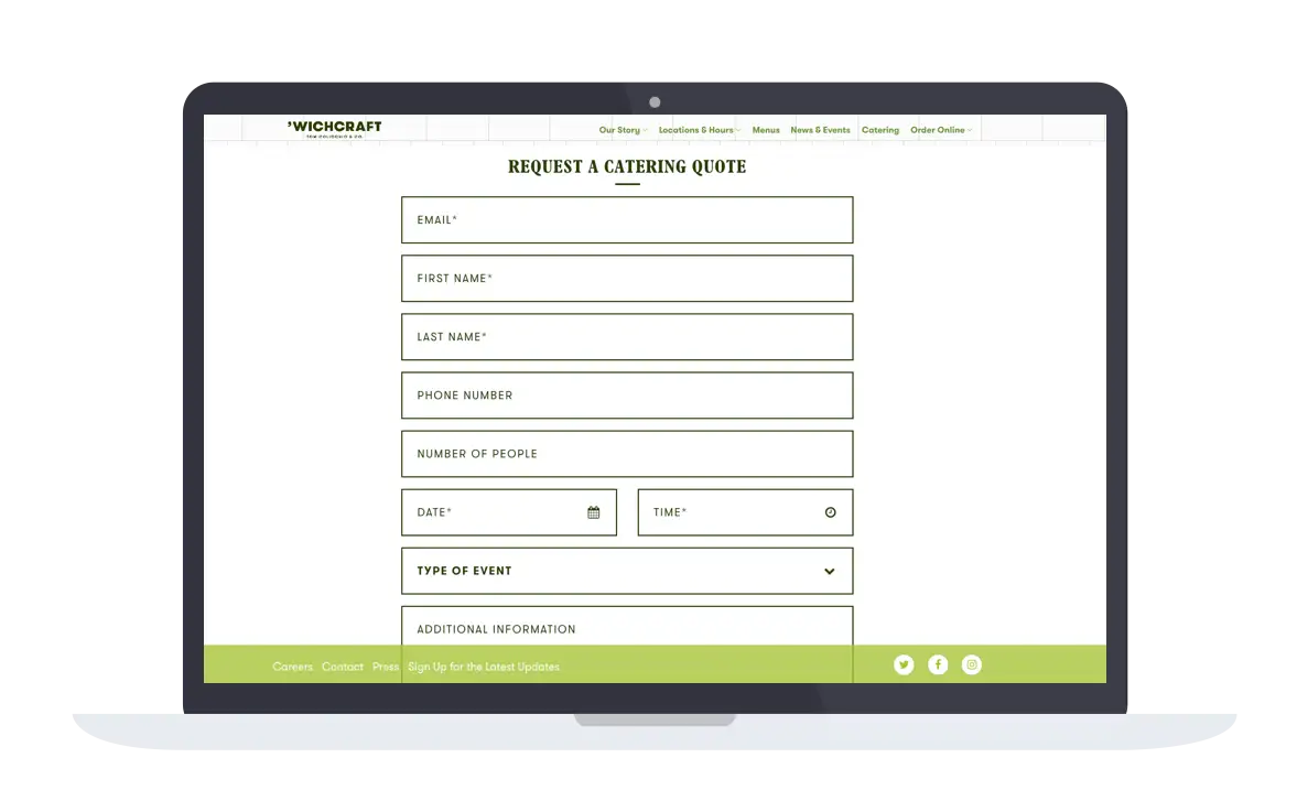 The catering inquiry form on 'Wichcraft's website. 