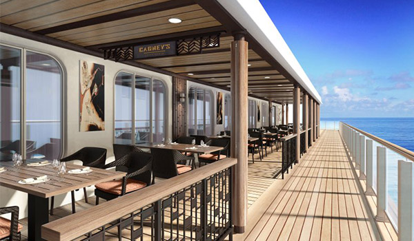 Outdoor restaurant overlooking the side of the cruise ship