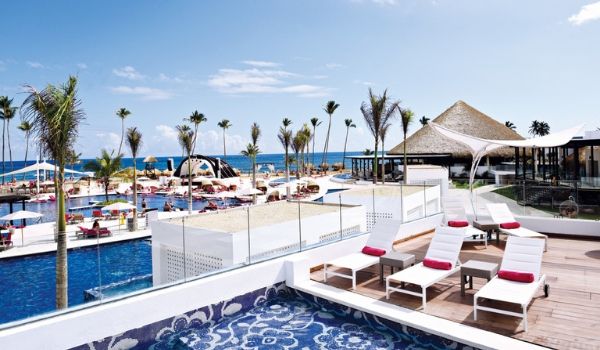 Poolside loungers overlooking the beach