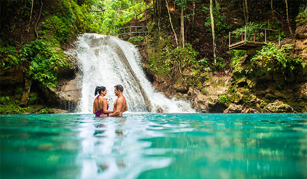 Bassin tranquille et petite chute entourés de paysages de jungle luxuriante