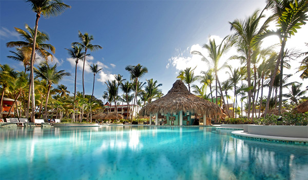Pool area surrounded by palm trees and palapas