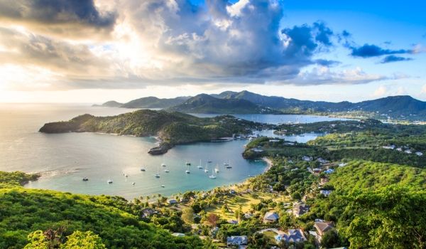 Aerial view of the coast of Antigua at sunset