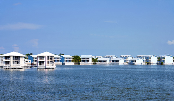 Stilted bungalows perched over the water