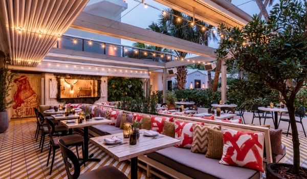 Trendy patio with twinkling lights