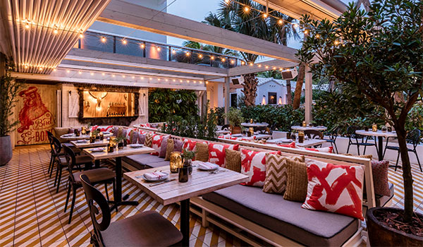 Trendy patio with twinkling lights