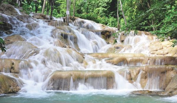 Plusieurs cascades précipitées qui forment un escalier naturel géant entouré de forêt