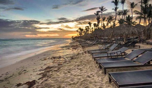 Row of sun loungers on a soft-sand beach