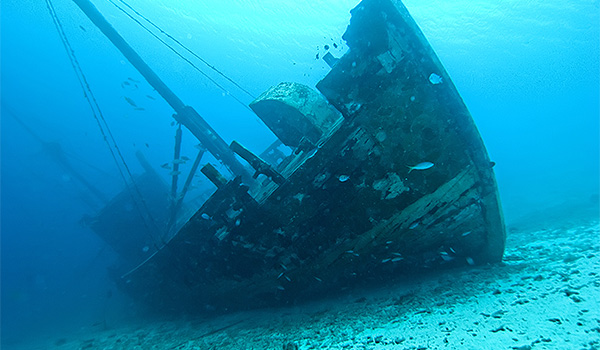 Sunken ship at the bottom of the ocean