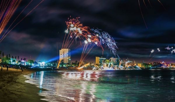 Fireworks light up the night sky along the coast of Mazatlan