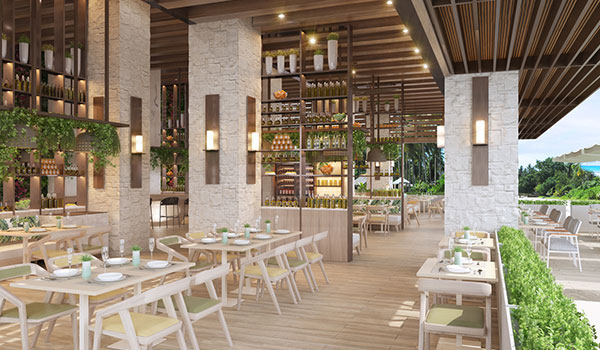 Luxurious al fresco restaurant with contemporary decor and greenery