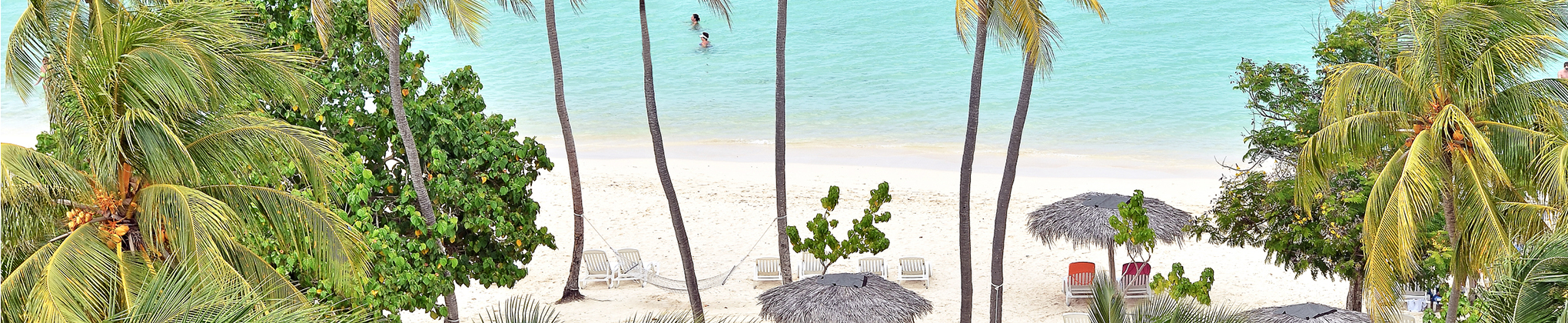 Tropical scenery in Holguin with turquoise waters. white-sand shores and lush green forests