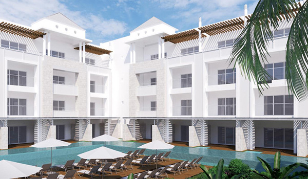 Image concept de l’extérieur de l’hôtel et ses suites avec accès piscine