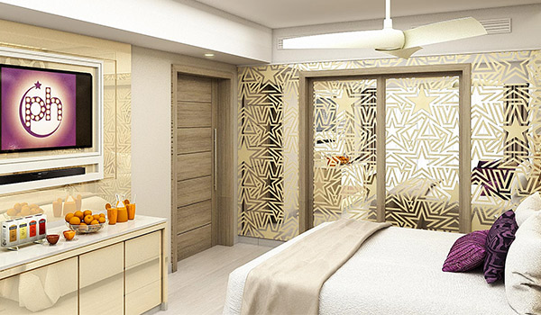 Stylish suite at Planet Hollywood Beach Resort Cancun with modern decor.