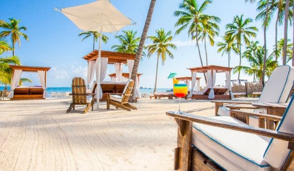 Loungers on a white-sand beach