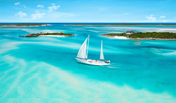 Replica old pirate ship anchored off the Bahamian coast