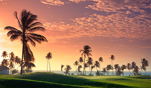 Parcours de golf avec vue sur la côte au coucher du soleil