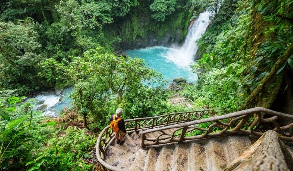 Staircase in the middle of the jungle leading to beautiful waterfall