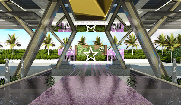 Lobby area with a star and a purple red carpet