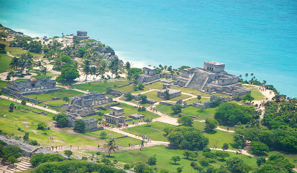 Aerial shot of the ancient Mayan ruins in Tulum