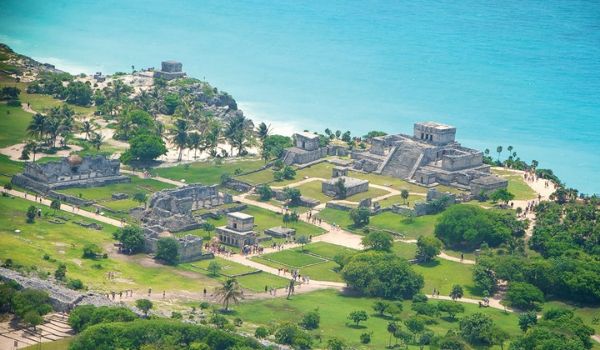 Aerial shot of the ancient Mayan ruins in Tulum