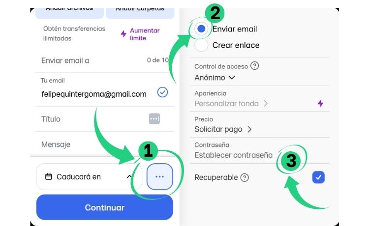 Opciones adicionales de envío por WeTrasnfer