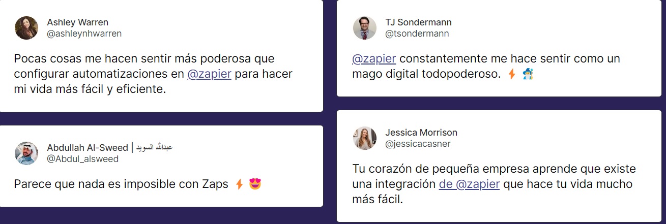 Ejemplo de testimonio en redes sociales de Zapier