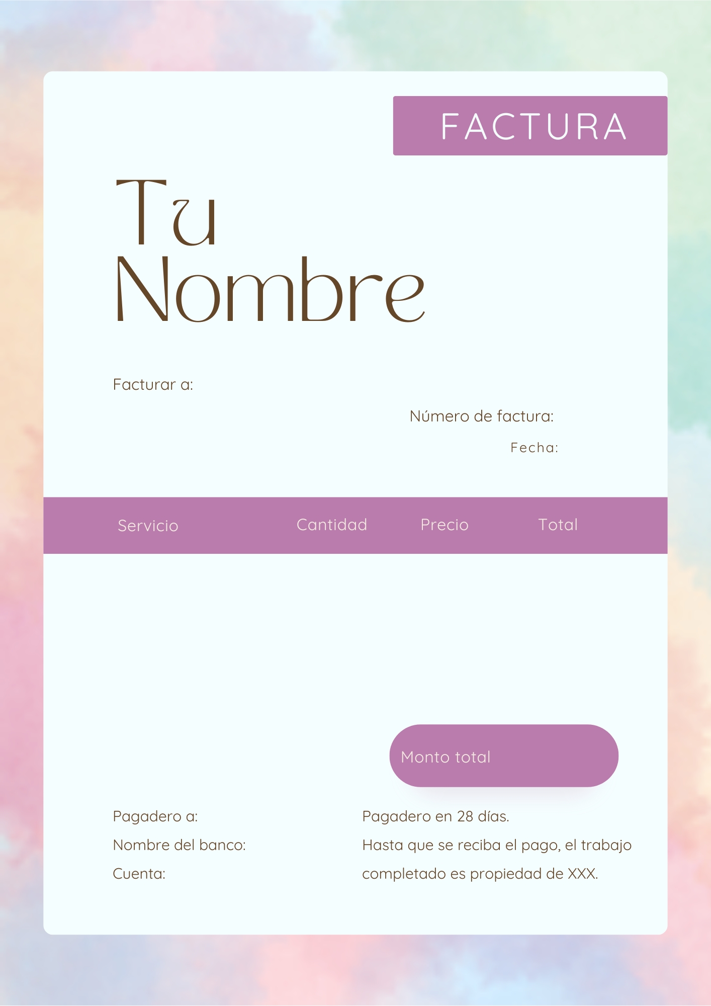 Plantilla de factura colorida para freelancers