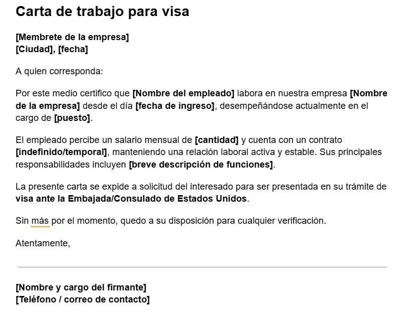 carta de trabajo para visa