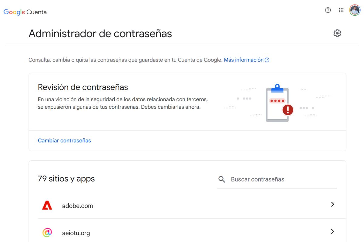 Main page of Google Password Manager